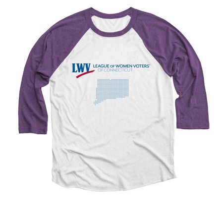 Defender of Democracy Tee, a Purple Rush and Heather White 3/4 Sleeve Baseball Tee