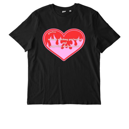 Gay hockey and abortion access, a Black Stanley/Stella Unisex Creator 2.0 Tee
