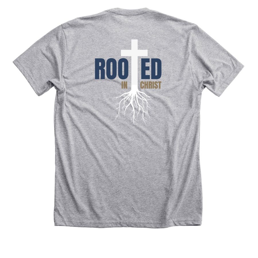 Rooted in Christ, a Athletic Heather Premium Unisex Tee (back-view)