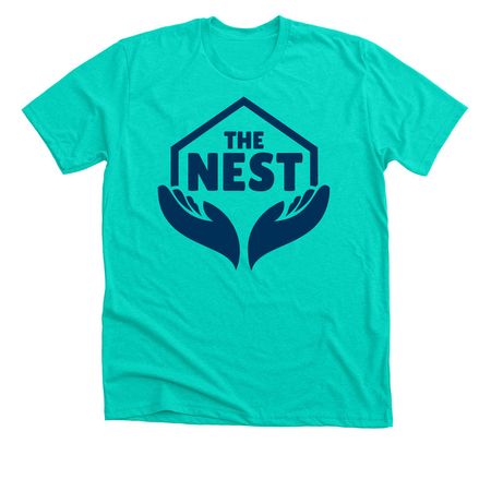 Nest T-Shirt Navy Logo, a Heather Sea Green Premium Unisex Tee