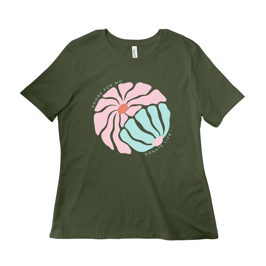 More For Mo | Flowers 3, a Military Green Women?s Relaxed Cotton Tee
