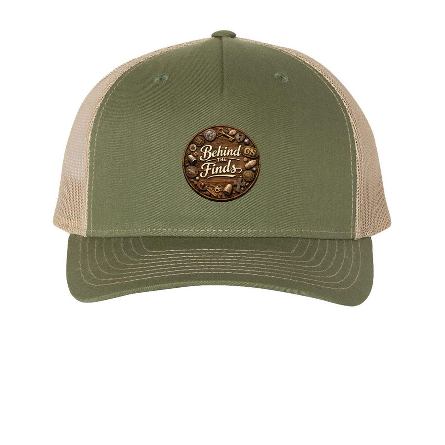 Behind The Finds Hats, a Army Olive Green/ Tan Printed Five-Panel Trucker Cap