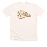 LIVE IN THE CREAM: Welcome to the Creamery., a Heather Natural Premium Unisex Tee (back-view)