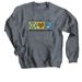 Peace, Love, Mosaics (black text), a Dark Heather Crewneck Sweatshirt