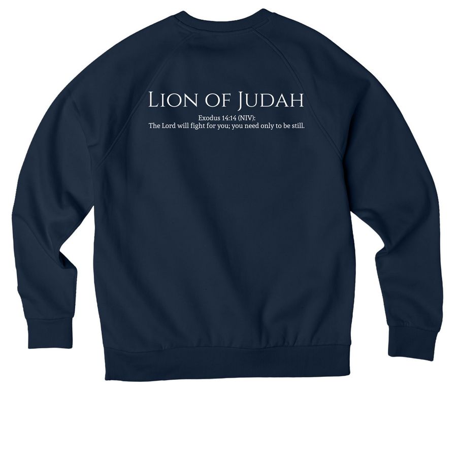 DEFENDER: LION of JUDAH, a Rebel Blue Allmade Organic CVC Crewneck Sweatshirt (back-view)