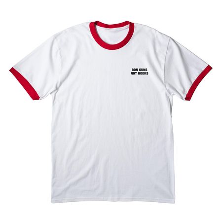 Ban Guns Not Books: Ringer Tee, a White/ Red Cotton Ringer Tee