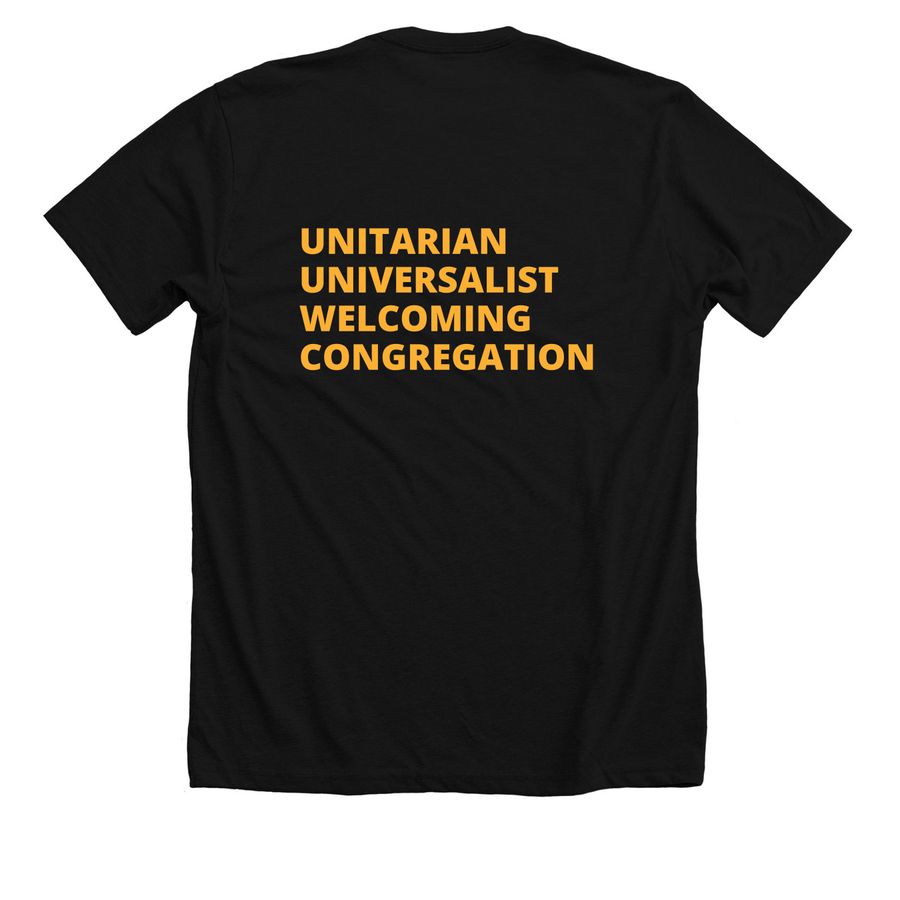 Queer Your Faith, Unitarian Universalist, a Solid Black Blend Premium Unisex Tee (back-view)