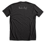 Love is a Verb, a Dark Grey Heather Premium Unisex Tee (back-view)