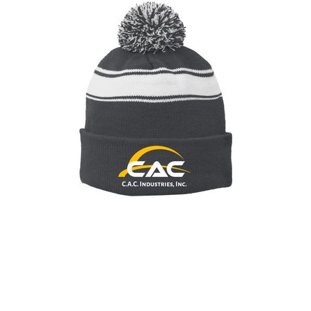 CAC Beanies, a Iron Grey/ White Printed Stripe Pom-Pom Beanie