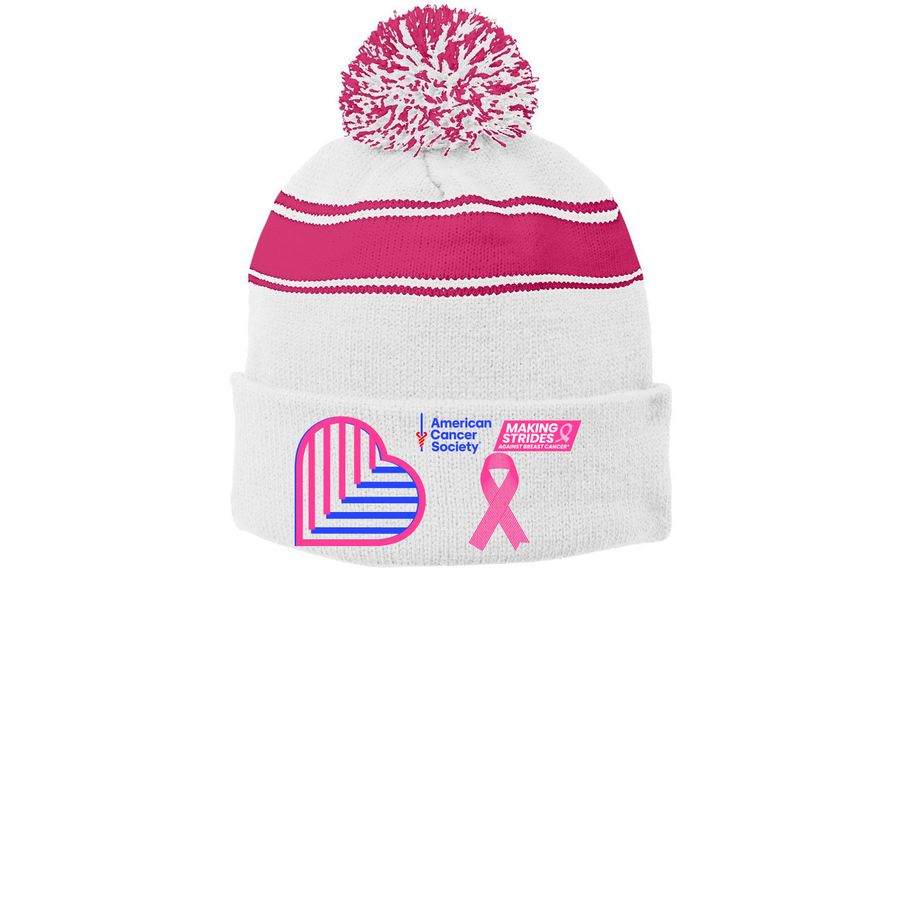 Dispatch & Control&nbsp;, a White/ Pink Raspberry Printed Stripe Pom-Pom Beanie