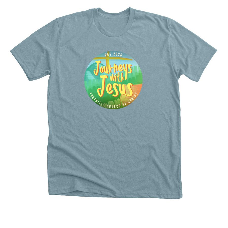Journeys with Jesus, a Heather Blue Lagoon Premium Unisex Tee