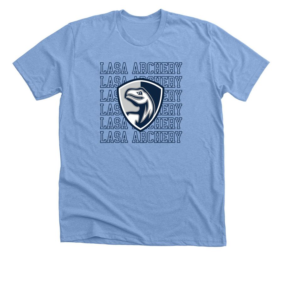 LASA archery crest apparel 2, a Heather Carolina Blue Premium Unisex Tee