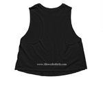Women's poster tees, a Solid Black Blend Women?s Cropped Racerback Tank (back-view)