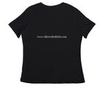 Women's poster tees, a Black Women's Relaxed V-Neck Tee (back-view)
