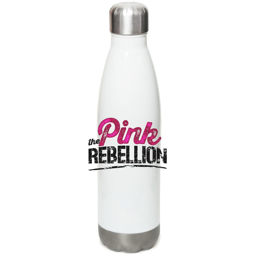 Pink Rebellion Water Bottle, a White Stainless Steel Water Bottle