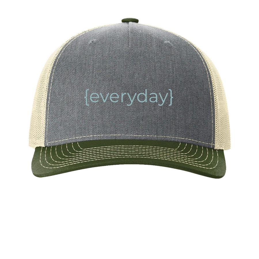 {everyday} cap, a Heather Grey/ Birch/ Army Olive Printed Five-Panel Trucker Cap