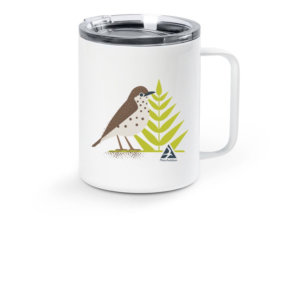 Go Wild for Wood Thrush, a White Stainless Steel Travel Mug