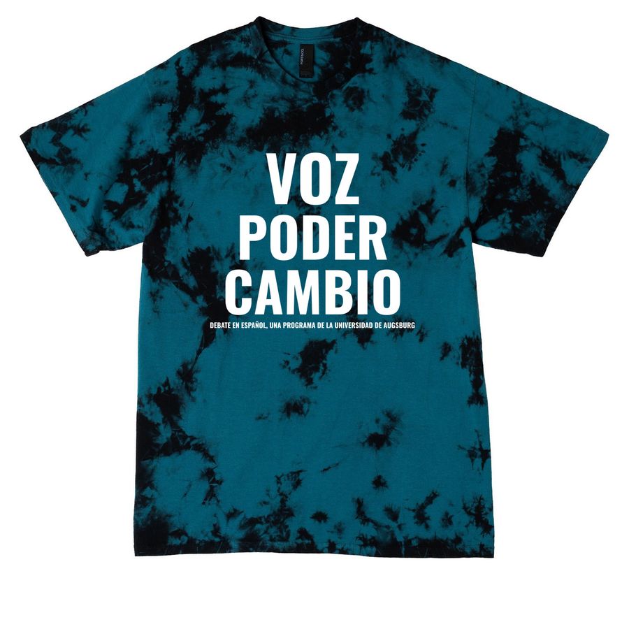 Crystal Tie Dye Voz Poder Cambio Tee, a Black/ Teal Crystal Tie Dye Tee