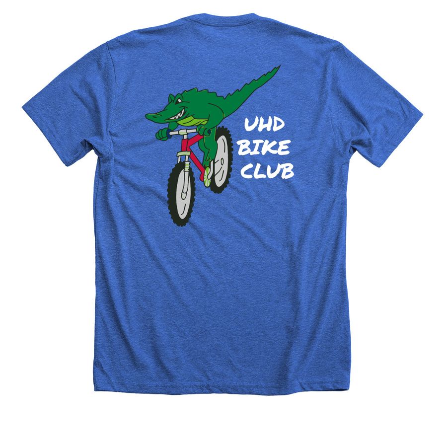 Drive Less, Ride More, a Heather True Royal Premium Unisex Tee (back-view)