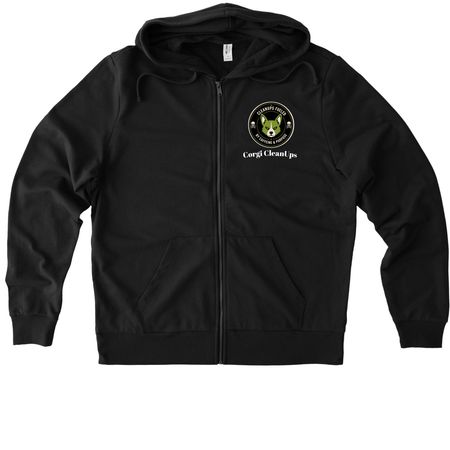 Corgi CleanUps Crew Brewed Wild Cleaned Right, a Deep Black Allmade Organic French Terry Zip Up Hoodie