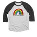 FIND THE GOOD, a Black and Heather White 3/4 Sleeve Baseball Tee