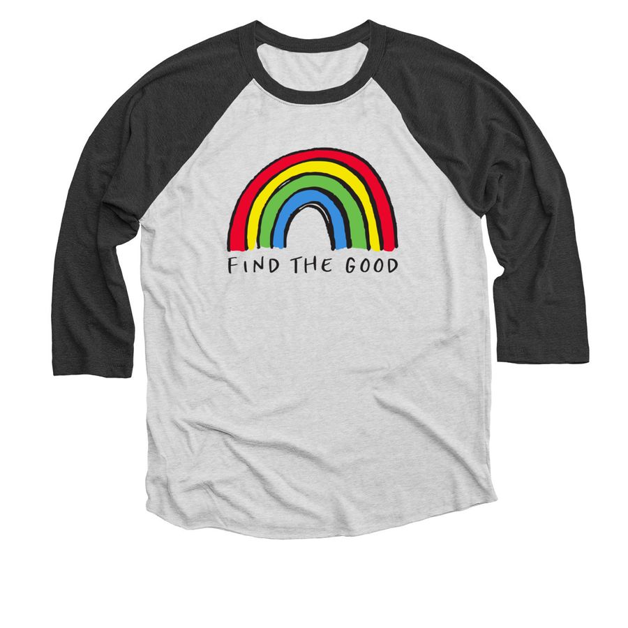 FIND THE GOOD, a Black and Heather White 3/4 Sleeve Baseball Tee