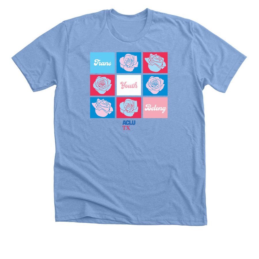Trans Youth Belong, a Heather Carolina Blue Premium Unisex Tee
