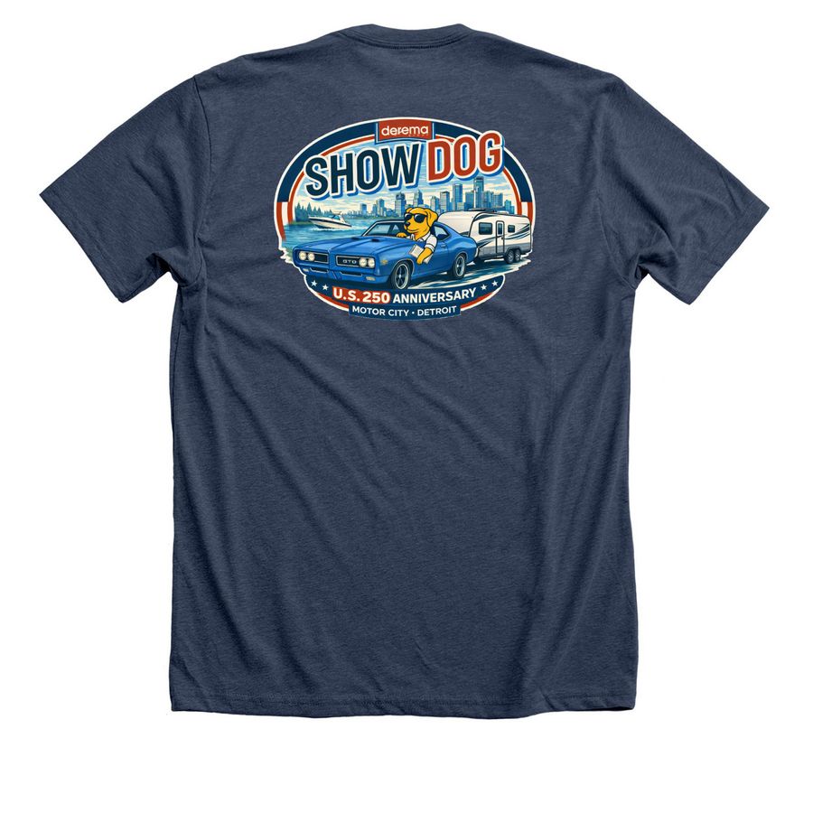 Derema SHOWDOG Shirt 2026, a Heather Navy Premium Unisex Tee (back-view)