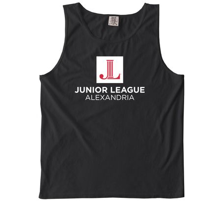 White LOGO, a Black Comfort Colors Tank Top