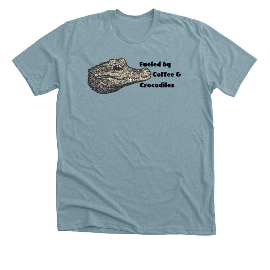 Fueled by Coffee & Crocodiles, a Heather Blue Lagoon Premium Unisex Tee