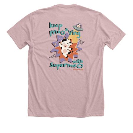 SuperMoo, a Heather Pink Gravel Premium Unisex Tee (back-view)