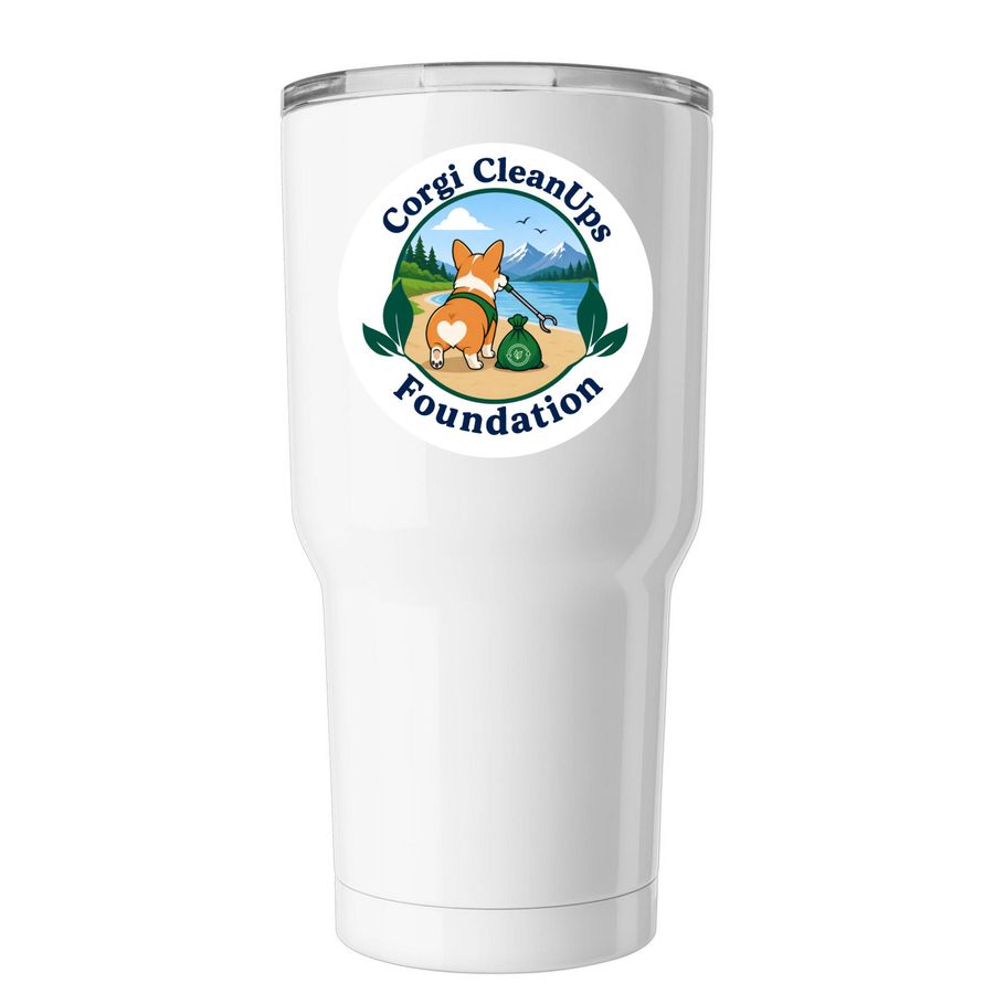 Corgi CleanUps Drinks, a White Insulated Tumbler