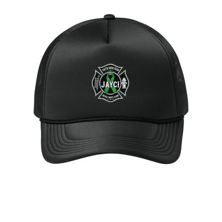 Faith Over Fear for Jayci, a Deep Black Printed Foam Trucker Hat