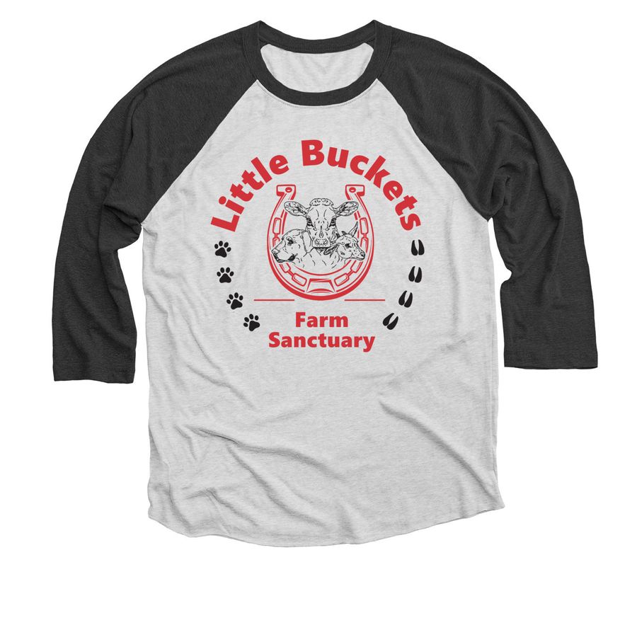 Little Buckets Farm Sanctuary Fundraiser, a Black and Heather White 3/4 Sleeve Baseball Tee