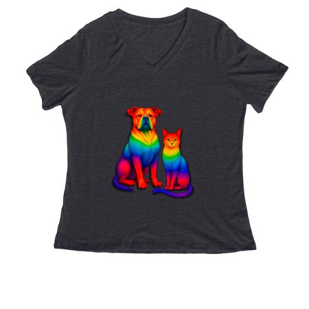 Celebrate Pride - Rainbow Dog & Cat, a Dark Grey Heather Women's Relaxed V-Neck Tee
