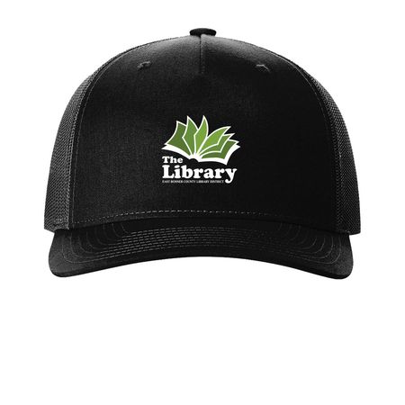 Library Logo Hat, a Black Printed Five-Panel Trucker Cap