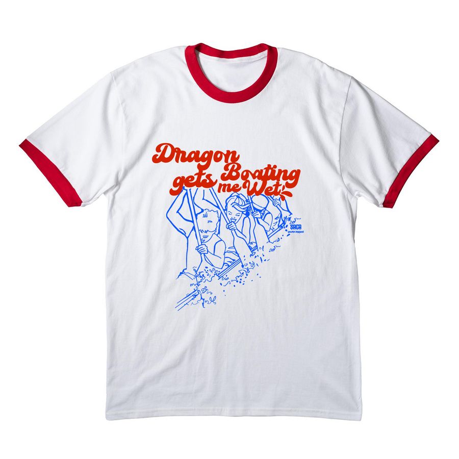 Dragon Boating Gets Me Wet, a White/ Red Cotton Ringer Tee