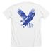 MG BLUE, a Solid White Blend Premium Unisex Tee (back-view)