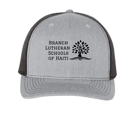 Branch Schools Trucker Hat, a Heather Grey/ Black Printed Five-Panel Trucker Cap