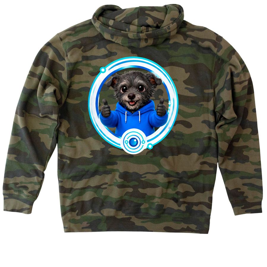 AnywhereCam Owl 4G Inspired Merch, a Forest Camo Heavyweight Camo Pullover Hoodie (back-view)