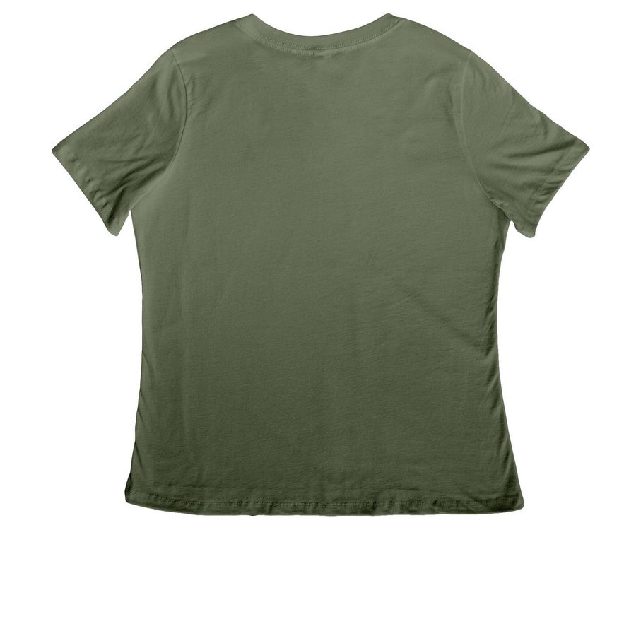 Foxtales Wildlife Rehab, a Military Green Women's Relaxed V-Neck Tee (back-view)