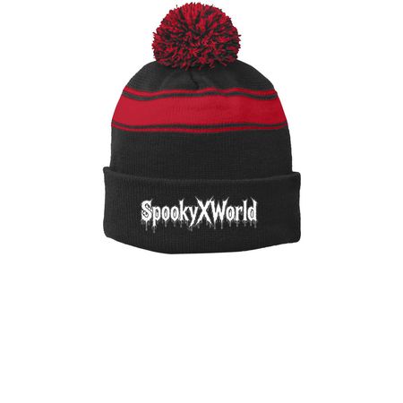 SpookyXWorld Beanies, a Black/ True Red Printed Stripe Pom-Pom Beanie