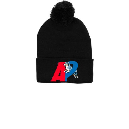 Hats, a Black Printed Pom-Pom Beanie