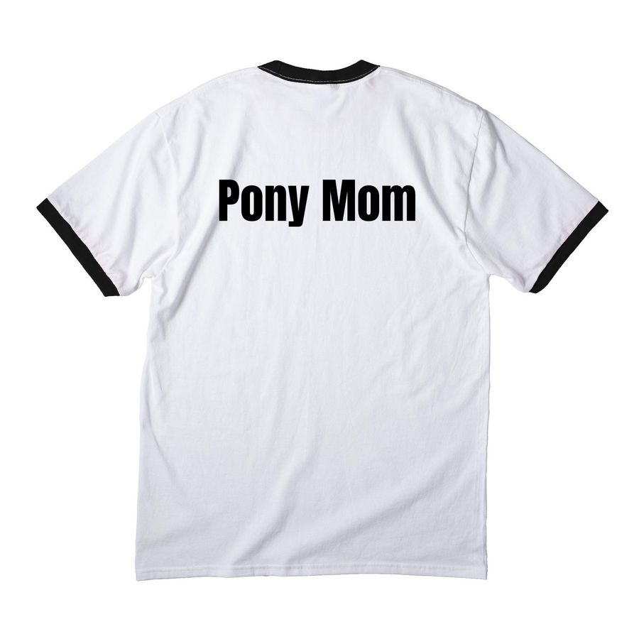 "Pony Mom" Shirt, a White/ Jet Black Cotton Ringer Tee (back-view)