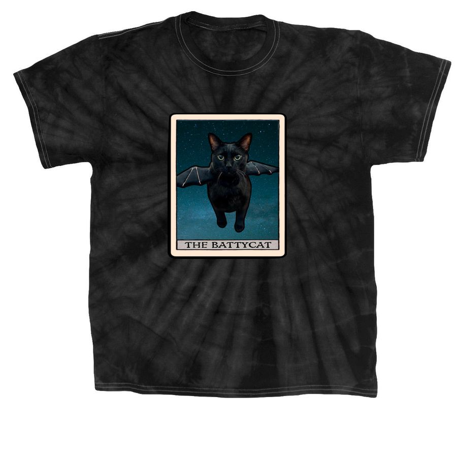 The Battycat black cat tarot card, a Black Classic Tie Dye Tee