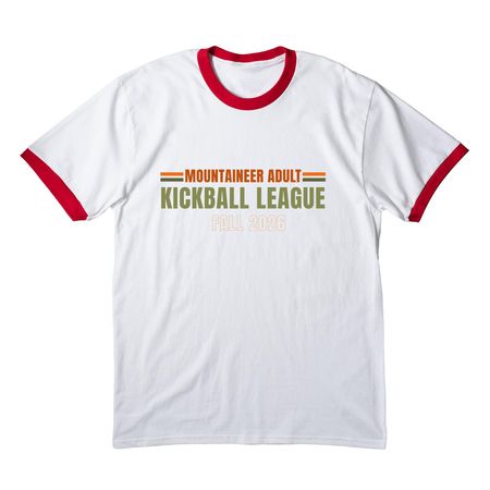FALL 2026 Mountaineer Adult Kickball League, a White/ Red Cotton Ringer Tee
